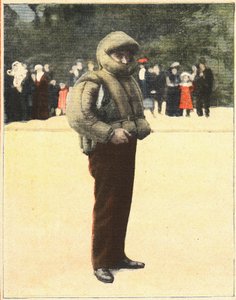 Luftfahrt: Luftanzug zum Schutz von Fliegern vor dem Absturz. Gravur in „Le petit parisien“ am 16.10.1910. Private Sammlung.