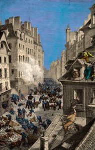 Schlacht an der Barrikade der Rue Saint Antoine im Jahr 1830. Gravur. Private Sammlung von Anonymous Anonymous