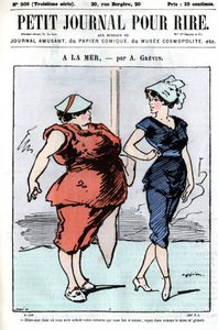 Karikatur über Menschen auf See. Zwei Frauen, von denen eine über Mode spricht: „Sag mir, wo du deinen Anzug gekauft hast, der dich so schlank macht; sieh, wie sehr meiner wächst.“ Gravur in „Petit Journal pour Rire“ von A. Grévin