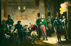 Fall von Louis de Bourbon, Herzog von Enghien (1772-1804): Szene des Prozesses des Prinzen, der verdächtigt wird, gegen den ersten Konsul Napoleon Bonaparte konspiriert zu haben, er wurde ohne Beweise verurteilt und hingerichtet. Gravur von 1804. Privatsam von Anonymous Anonymous