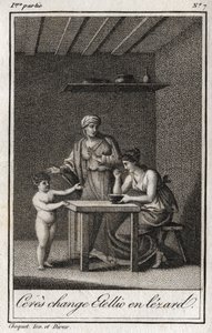 Ceres verwandelt Stellion in eine Eidechse. Gravur von 1819 in „Lettres à Emilie sur la mythologie“ von Charles Albert Demoustier (1760-1801). Private Sammlung.
