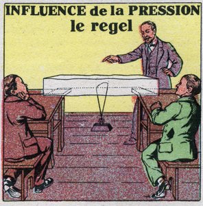 Zustandsänderungen: Einfluss des Drucks auf die Schmelze. Erfahrung, dass ein Draht, der durch ein Gewicht gespannt ist, durch ein Stück Eis geht, ohne es zu brechen. Anonyme Illustration von 1925. Private Sammlung.