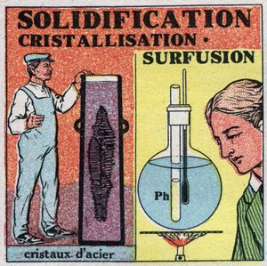 Zustandsänderungen: Erstarrung und Kristallisation. Bildung von Stahlkristallen und Überfusion von Phosphor. Anonyme Illustration von 1925. Private Sammlung.