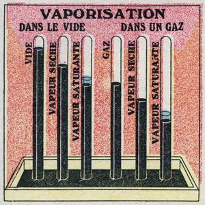 Zustandsänderungen: Dämpfe. Verdampfung im Vakuum oder Gas. Anonyme Illustration von 1925. Private Sammlung.