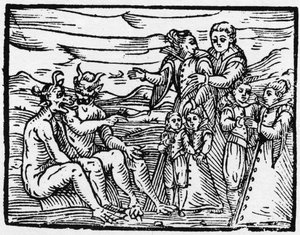 Kind, das zum ersten Mal zum Sabbat zugelassen wird - „Compendium Maleficarum“, behandelt Hexen, ihr Böses und ihre Zauberei von Francesco Maria Guazzo oder Guaccio oder Guaccius (15?? -16??) 1608 Private Sammlung von Anonymous Anonymous