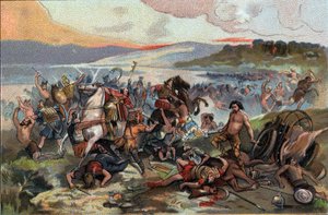 Eroberung Galliens: die Schlacht von Presles im Jahr 60 v. Chr., in der das Volk der Nervier unter der Führung von Boduognat gegen die römische Armee von Julius Caesar kämpfte. Werbe-Chromolithographie von Antoine Schokoladen in Brüssel, Anfang des 20. Jah