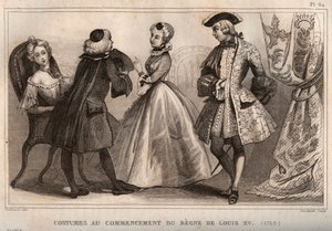 Kostüme zu Beginn der Herrschaft von Ludwig XV (1720). Gravur von 1859 in „Le Monde. Geschichte aller Völker von den frühesten Zeiten bis zur Gegenwart“ von M. E. de Lostalot-Bachoue. Private Sammlung.