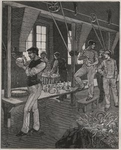 Werkstatt der Kristallgraveure in Frankreich im 19. Jahrhundert. Gravur aus 1885 in „Les arts et metiers illustres“ von Adolphe BITARD. von Anonymous Anonymous