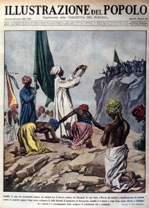 Demonstration unter der Führung des politischen Führers Mohandas Karamchand Gandhi (1869-1948) gegen die englischen Behörden, Darstellung einer Zeremonie während des sogenannten Märtyrermarsches nach Jalaipur. Illustration aus 