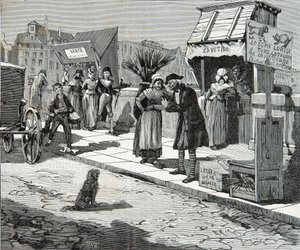 Hundeschneider auf der Pont Neuf in Paris um 1796, Gravur, Private Sammlung