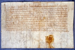 Schenkung von König Karl dem Großen (Karl I., Karl der Große oder Carolus Magnus) (742-814) von den Domänen Luzarches und Mussy an die Abtei von Saint Denis am 25.02.775. Paris, Nationalarchiv von Anonymous Anonymous