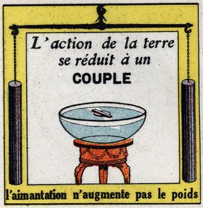 Erdmagnetismus: Die Wirkung der Erde reduziert sich auf ein Paar, die Magnetisierung erhöht nicht das Gewicht. Anonyme Illustration von 1925. Private Sammlung.