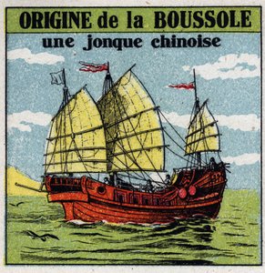 Erdmagnetismus: alte chinesische Dschunke mit dem ersten Kompass. Anonyme Illustration von 1925. Private Sammlung.