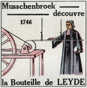 Elektrische Kondensatoren: Pieter (Petrus, Pierre) van Musschenbroek (1692-1761) entdeckte 1746 die Leidener Flasche, den Vorläufer des Kondensators. Anonyme Illustration von 1925. Private Sammlung.
