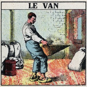 Elektrische Werkzeuge: der Wagen oder Weidenkorb zur Getreidereinigung vor der Erfindung elektrischer Maschinen. Anonyme Illustration von 1925. Private Sammlung.