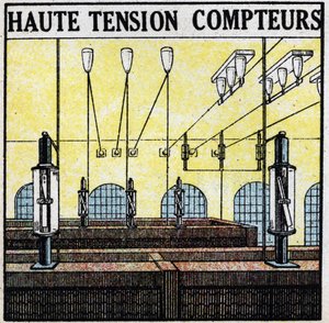 Elektrische Leitungen: Hochspannungsmesser. Anonyme Illustration von 1925. Private Sammlung.