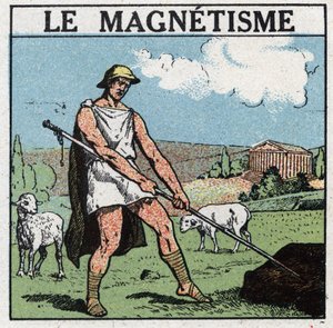 Elektrische Phänomene: Magnetismus wurde in der Antike entdeckt. Der griechische Hirte Magnes konnte seinen Eisenstab nicht vom Boden lösen. Er stellte fest, dass dieses Phänomen von der Anziehung eines Steins namens Magnetit oder Magnetitoxid herrührte. A