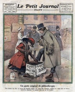Elegante junge Mädchen, ihr Gesicht hinter einer Maske verborgen, putzen die Schuhe von Londoner Passanten, um Geld für englische Krankenhäuser zu sammeln. Illustration aus „Le petit journal illustré“ vom 06.11.1921. Private Sammlung von Anonymous Anonymous