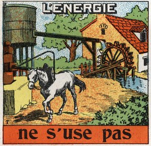 Energie nutzt sich nicht ab: Pferd an einem Karussell hört Wasser in einem Reservoir. Anonyme Illustration von 1925. Private Sammlung.