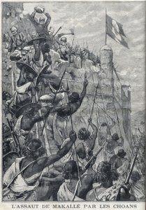 Äthiopien: Der Angriff auf Makalle durch die Choans von Menelik II. gegen die italienische Armee. Äthiopien. Gravur in „Le Petite Parisien“