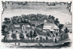 Außenansicht des Pfarrhauses und der Schule von Hell-Ville, Hauptstadt der Insel Nosy Be in Madagaskar. Gravur in „Les Missions Catholiques au XIXème Siècle“ von Louis-Eugène Louvet. Private Sammlung. von Anonymous Anonymous