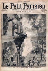 Feuerwehrmann von Paris: Rettungsszene während des Brandes am Boulevard Saint-Martin. Gravur in „Le petit Parisien“ von 1891. Private Sammlung von Anonymous Anonymous