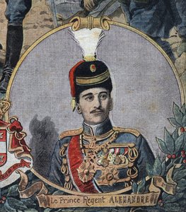 Erster Weltkrieg 1914-1918: Porträt des Prinzregenten von Serbien Alexander, der König Alexander I. von Jugoslawien oder Alexander II. von Serbien (1888-1934) wurde. Gravur in „Le Petite Journal“ von Anonymous Anonymous