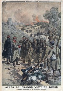 Erster Weltkrieg 1914-1918 (Krieg 14-18). Nach dem großen Sieg der Russen warfen die fliehenden österreichischen Truppen ihre Waffen an der rumänischen Grenze weg. In „Le Petite Journal“, am 2.07.1916. Private Sammlung von Anonymous Anonymous