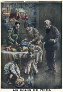 Erster Weltkrieg 1914-1918. Weihnachtsgeschenk: Kinder erhalten und packen Pakete aus, die sie von ihrem Vater an der Front am Heiligabend erhalten haben. In „Le Petit Journal“, am 24.12.1916. Private Sammlung