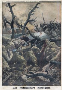 Erster Weltkrieg 1914-1918. Französische Maschinengewehrschützen schießen auf angreifende deutsche Soldaten. In „Le Petit Journal“, am 09.04.1916. Private Sammlung von Anonymous Anonymous