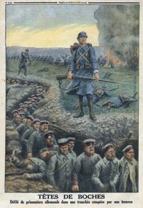 Erster Weltkrieg 1914-1918. „Kopfjäger“: Deutsche Gefangene marschieren in einem von den Truppen der französischen Armee eroberten Graben. In „Le Petite Journal“, am 5.03.1916. Private Sammlung von Anonymous Anonymous