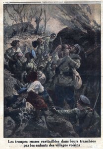 Erster Weltkrieg 1914-1918 (Krieg 14-18). Russische Militärtruppen werden in ihren Schützengräben von Kindern aus benachbarten Dörfern versorgt. In „Le Petite Journal“, am 02.04.1916. Private Sammlung