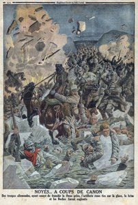 Erster Weltkrieg 1914-1918 (Krieg 14-18). Die deutsche Armee versucht, den Fluss Duna zu überqueren, aber die russische Artillerie schießt mit einer Kanone auf das Eis und ertränkt die deutsche Armee (im Text Boche genannt) In „The Petity Journal“