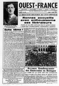 Erste Ausgabe von West France vom 7. August 1944: La La La La Befreiung im Westen Frankreichs und General de Gaulle - Fotografie, B.N.