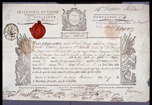 Französische Revolution: offizielles Dokument eines militärischen Urlaubs datiert 15. Brumaire Jahr V (05.11.1796) eines Sergeanten aus dem Bezirk Coutances. Departementalarchive von Nord Lille von Anonymous Anonymous