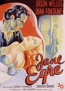 Französisches Filmplakat für den Film „Jane Eyre“ geschrieben von Charlotte Bronte und inszeniert von Robert Stevenson 1944 mit den Schauspielern Orson Welles als Edward Rochester und Joan Fontaine als Jane. Private Sammlung.