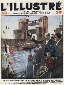 Französische Industrie: Albert Lebrun (1871-1950), Präsident der Republik, und Edouard Herriot (1872-1957), Präsident des Rates, eröffneten das Wasserkraftwerk von Kembs im Haut-Rhin (Hochrhein) im Elsass. Titelgravur von „L