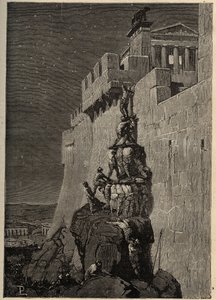 Gallier versuchen, das Kapitol zu erobern (390 v. Chr.) - Gänse retten das römische Kapitol vor gallischen Eindringlingen - Gravur 1890