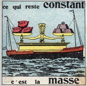 Schwerkraft: Masse bleibt konstant. Eine riesige Waage mit Gewichten, die Kaffeebeutel ausbalancieren, alles liegt auf einem Boot. Anonyme Illustration von 1925. Private Sammlung.