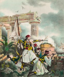 Griechischer Unabhängigkeitskrieg gegen das Osmanische Reich: Die Fahne wird in Salona gehisst (1821). Lithografie des 19. Jahrhunderts