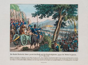 Russische Armee überquert den Pruth-Fluss nach Moldawien im Mai 1828