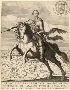 Gustav II. Adolf, genannt der Große oder der Löwe des Nordens (1594-1632), König von Schweden, vor der Karte von Pommern