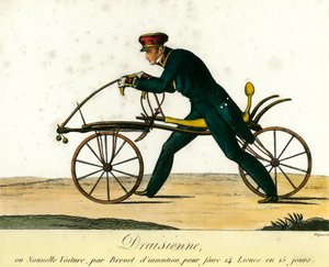 Geschichte des Fahrrads: die Draisine, ein sehr beliebtes neues Fahrzeug um 1818. Gravur von 1818. Private Sammlung von Anonymous Anonymous