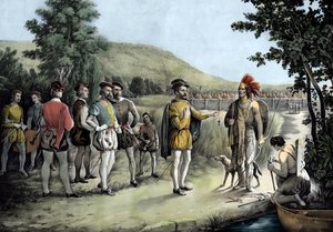 Jacques Cartier, sein erstes Treffen mit den Indianern in Hochelaga, dem heutigen Montreal, 1535 (Lithografie) von Anonymous Anonymous