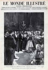 Reise von Sadi Carnot (1837-1894) nach Savoyen: Der Präsident der Republik wird in Chambéry von jungen Mädchen mit einem Blumenstrauß begrüßt. Eine Zeitung. Gravur in „Le monde illustré“ von 1892. Private Sammlung. von Anonymous Anonymous