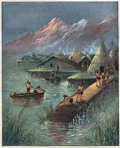 Pfahlbaudorf, prähistorische Pfahlbausiedlung. Gravur von 1892. von Anonymous Anonymous