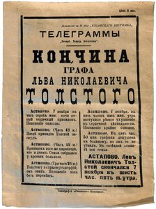 Die Ankündigung des Todes von Leo Tolstoi in einer Zeitung, 7. November