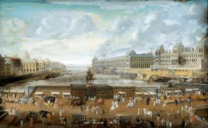 Le Pont Neuf gesehen vom Eingang zur Place Dauphine, dem Quai Malaquais mit dem Collège des Quatre-Nations und der Grande Galerie und dem Louvre