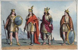 Die Merowinger - Merowinger-Dynastie - Pharamond oder Faramund - Chlodio (Clodius, Clodion, Cloio oder Chlogio) (Clodion der Langhaarige) (ca. 390 - ca. 450) - Merovech (Merowig, ca. 412-457) und Chlodwig (ca. 466-511) - Gravur aus „Usi e Costumi di Tutti  von Anonymous Anonymous