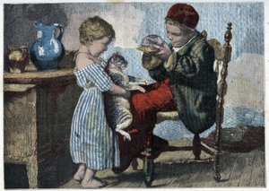 Les trennes de Minou. Gravur aus dem späten 19. Jahrhundert.